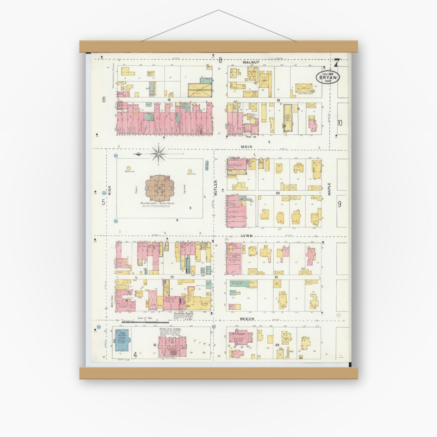Old map wall art mockup — magnetic wood frame on white wall — Sanborn Fire Insurance Map from Bryan, Williams County, Ohio (1905), Sheet #0007