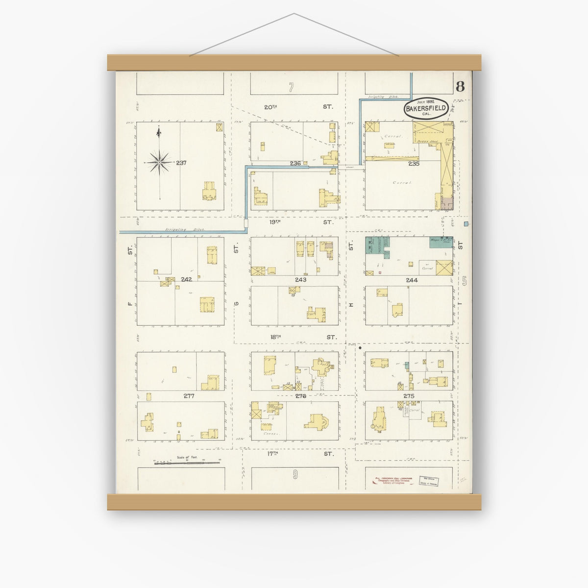 Old map wall art mockup — magnetic wood frame on white wall — Sanborn Fire Insurance Map from Bakersfield, Kern County, California (1892), Sheet #0008