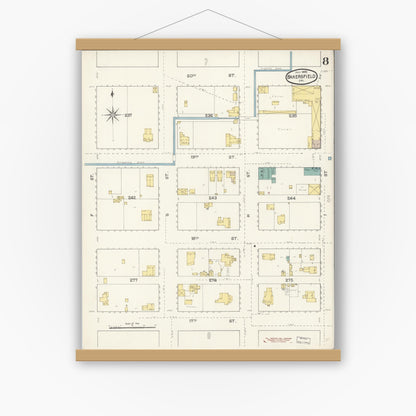 Old map wall art mockup — magnetic wood frame on white wall — Sanborn Fire Insurance Map from Bakersfield, Kern County, California (1892), Sheet #0008