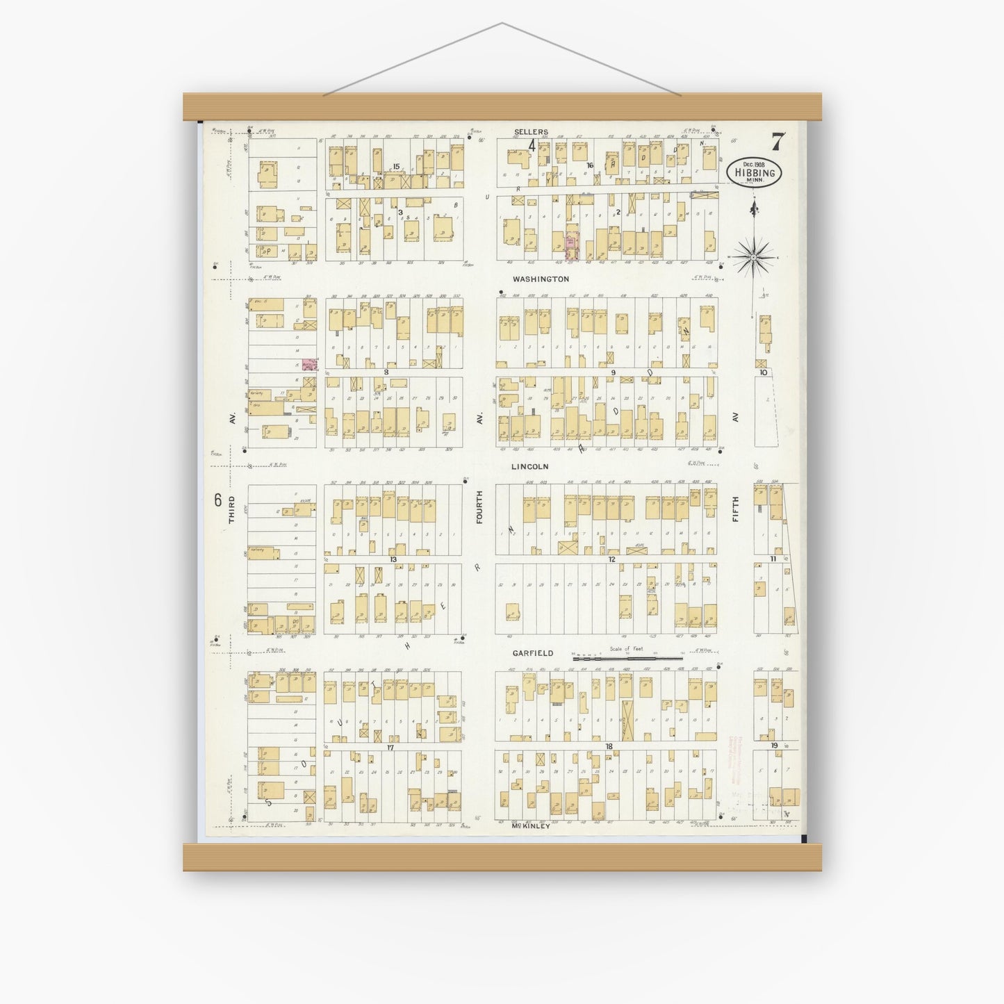 Old map wall art mockup — magnetic wood frame on white wall — Sanborn Fire Insurance Map from Hibbing, Saint Louis County, Minnesota (1908), Sheet #0007