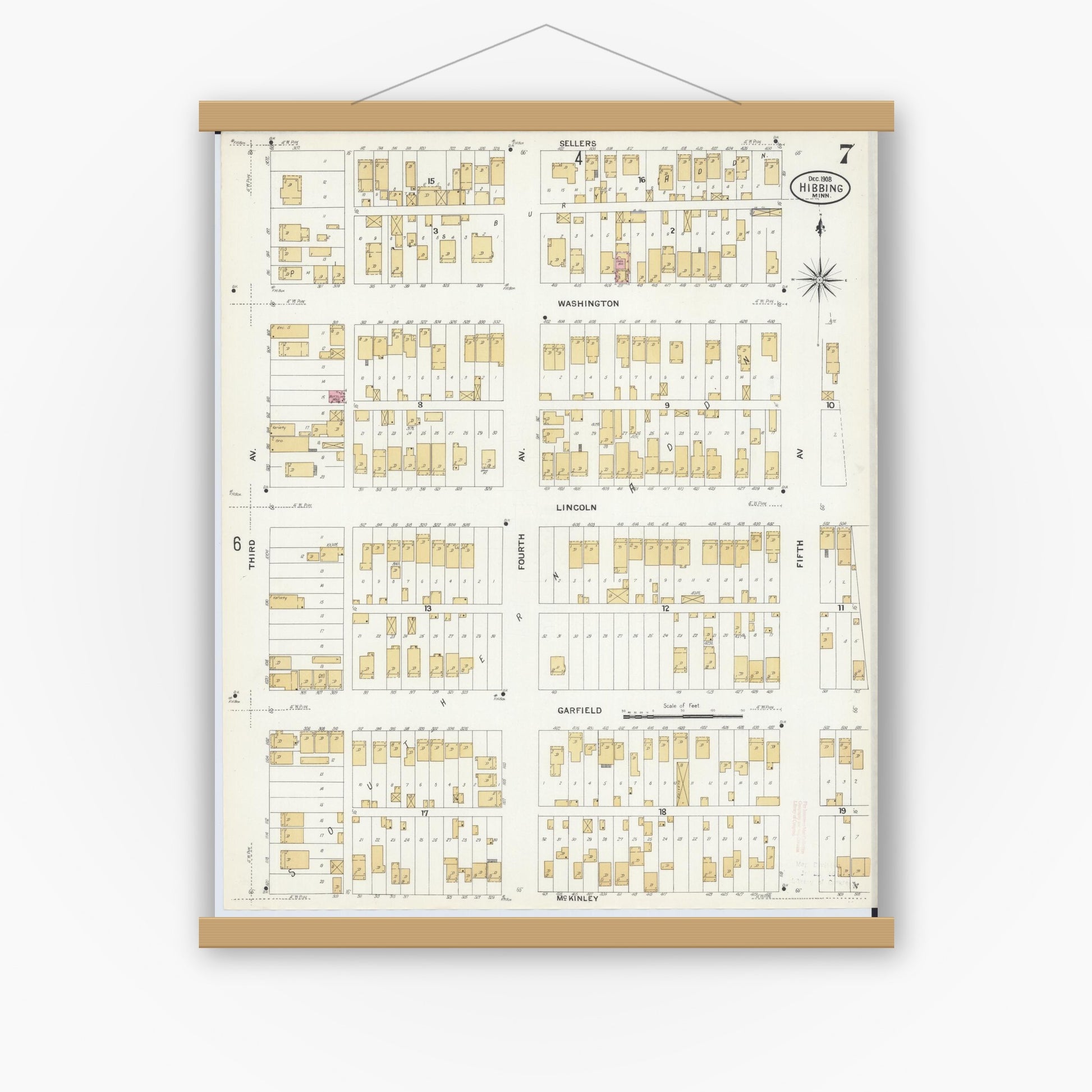 Old map wall art mockup — magnetic wood frame on white wall — Sanborn Fire Insurance Map from Hibbing, Saint Louis County, Minnesota (1908), Sheet #0007