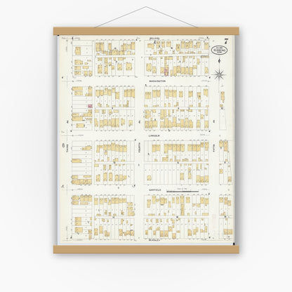 Old map wall art mockup — magnetic wood frame on white wall — Sanborn Fire Insurance Map from Hibbing, Saint Louis County, Minnesota (1908), Sheet #0007