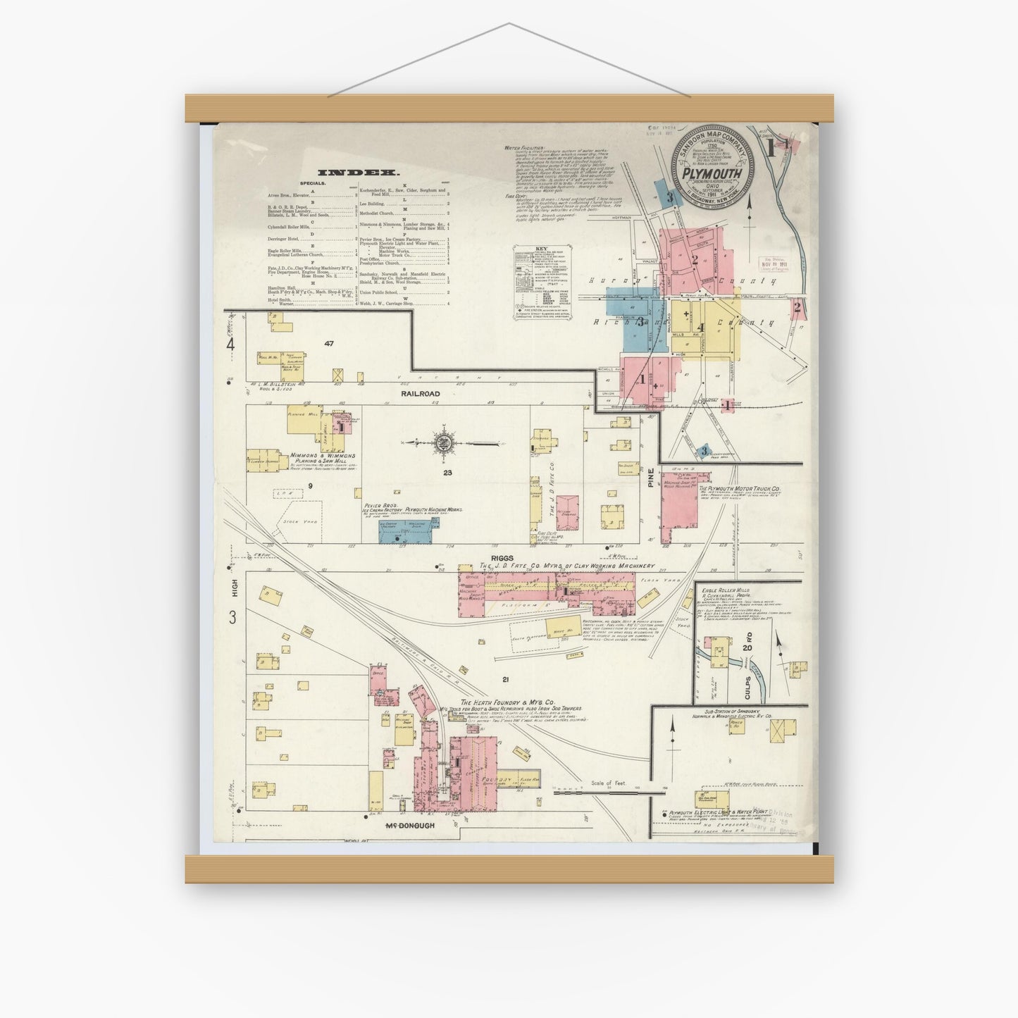 Old map wall art mockup — magnetic wood frame on white wall — Sanborn Fire Insurance Map from Plymouth, Huron And Richland Counties, Ohio (1911), Sheet #0001