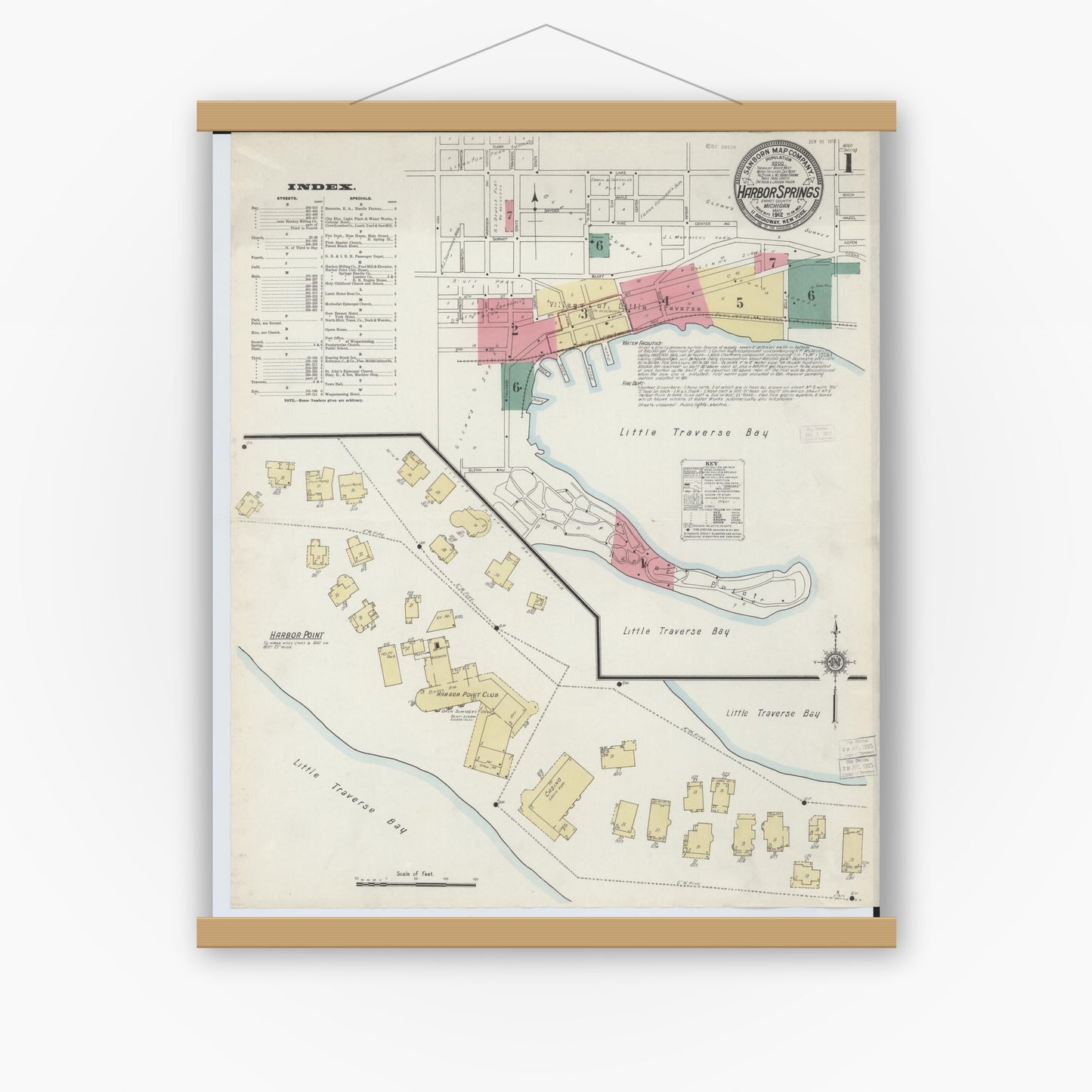 Old map wall art mockup — magnetic wood frame on white wall — Sanborn Fire Insurance Map from Harbor Springs, Emmet County, Michigan (1912) - Complete Map Set