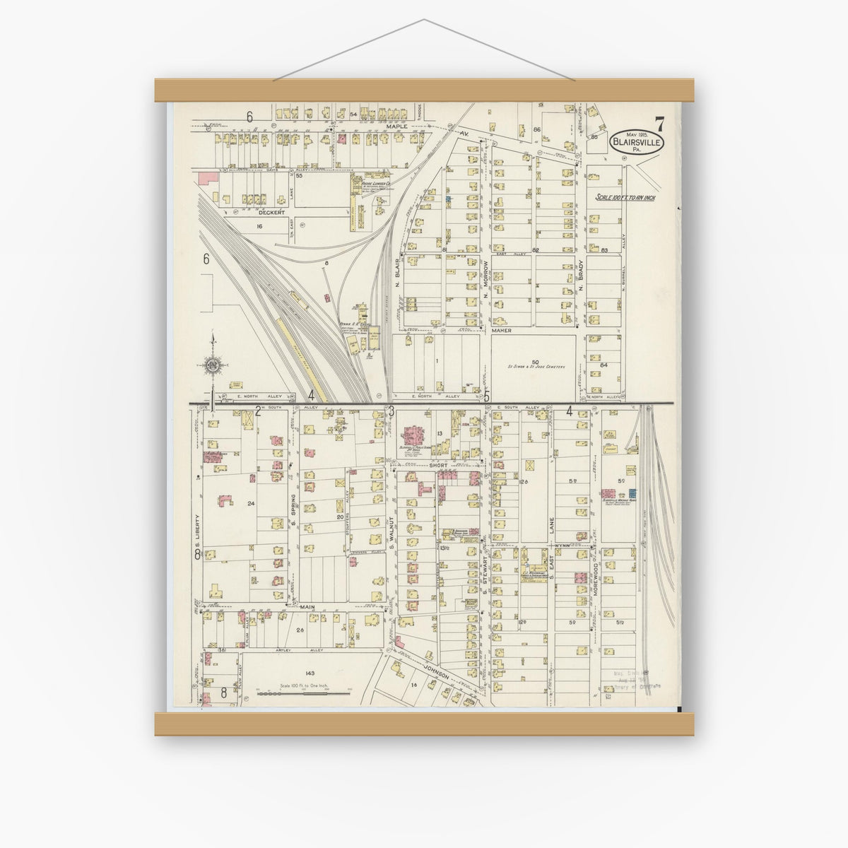 Old map wall art mockup — magnetic wood frame on white wall — Sanborn Fire Insurance Map from Blairsville, Indiana County, Pennsylvania (1915), Sheet #0007