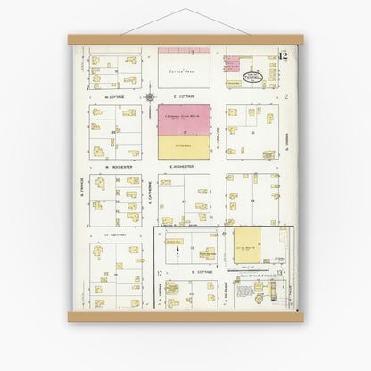 Old map wall art mockup — magnetic wood frame on white wall — Sanborn Fire Insurance Map from Terrell, Kaufman County, Texas (1921), Sheet #0012