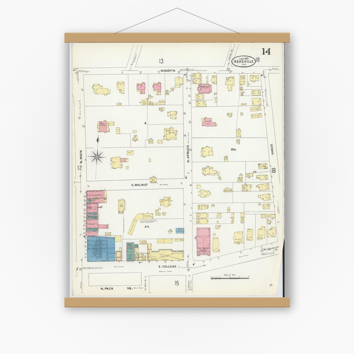 Old map wall art mockup — magnetic wood frame on white wall — Sanborn Fire Insurance Map from Asheville, Buncombe County, North Carolina (1907), Sheet #0014