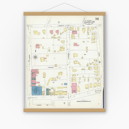 Old map wall art mockup — magnetic wood frame on white wall — Sanborn Fire Insurance Map from Asheville, Buncombe County, North Carolina (1907), Sheet #0014