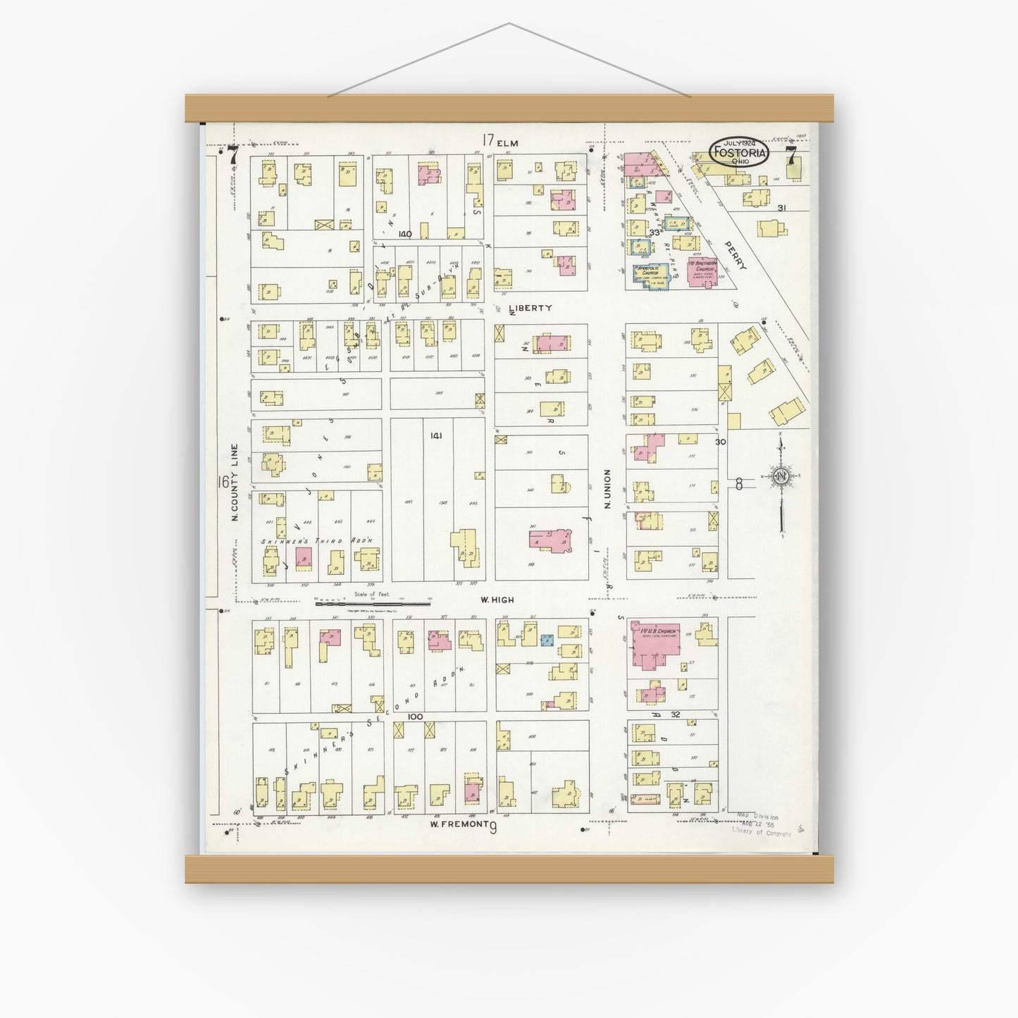 Old map wall art mockup — magnetic wood frame on white wall — Sanborn Fire Insurance Map from Fostoria, Seneca, Hancock, And Wood Counties, Ohio (1924), Sheet #0007