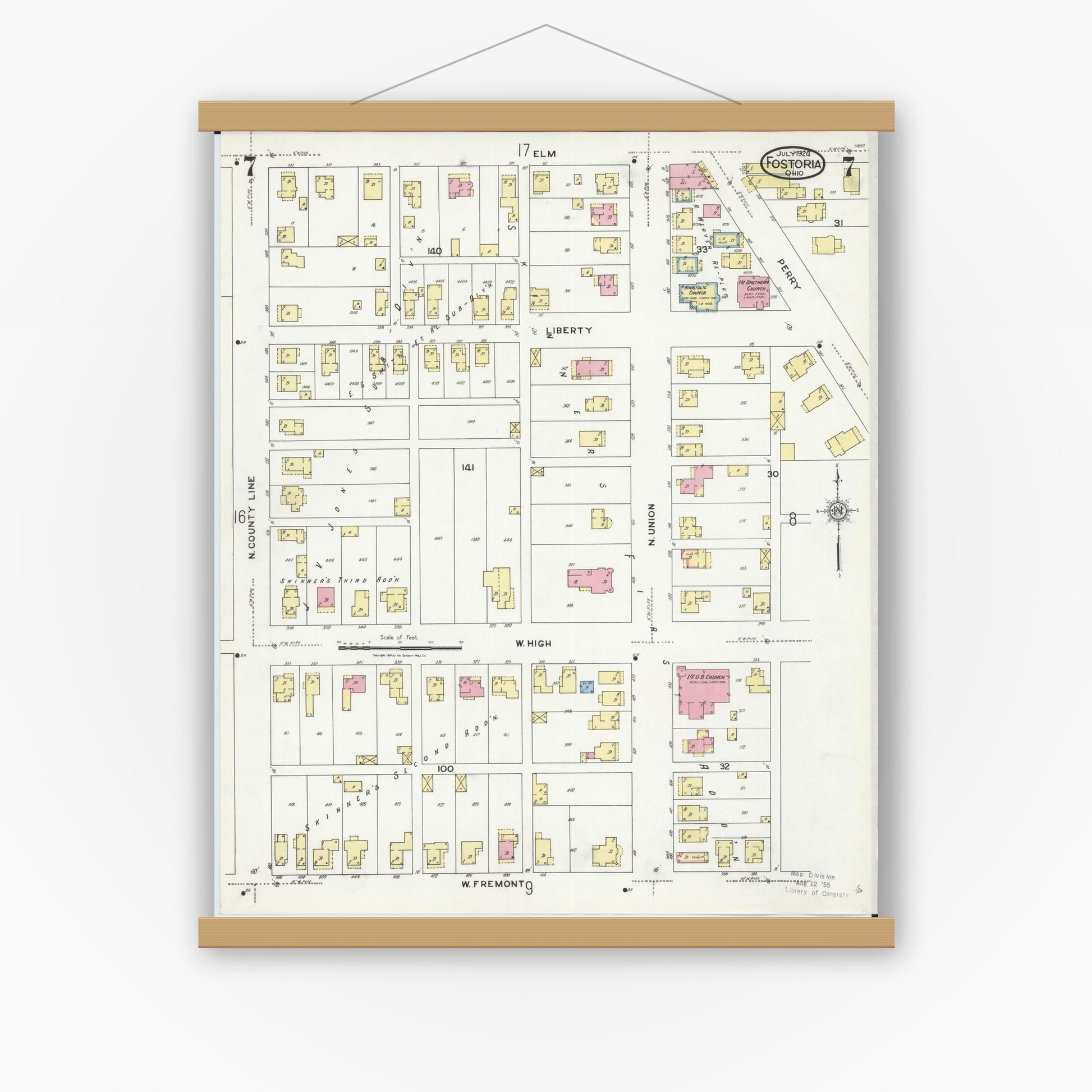 Old map wall art mockup — magnetic wood frame on white wall — Sanborn Fire Insurance Map from Fostoria, Seneca, Hancock, And Wood Counties, Ohio (1924), Sheet #0007