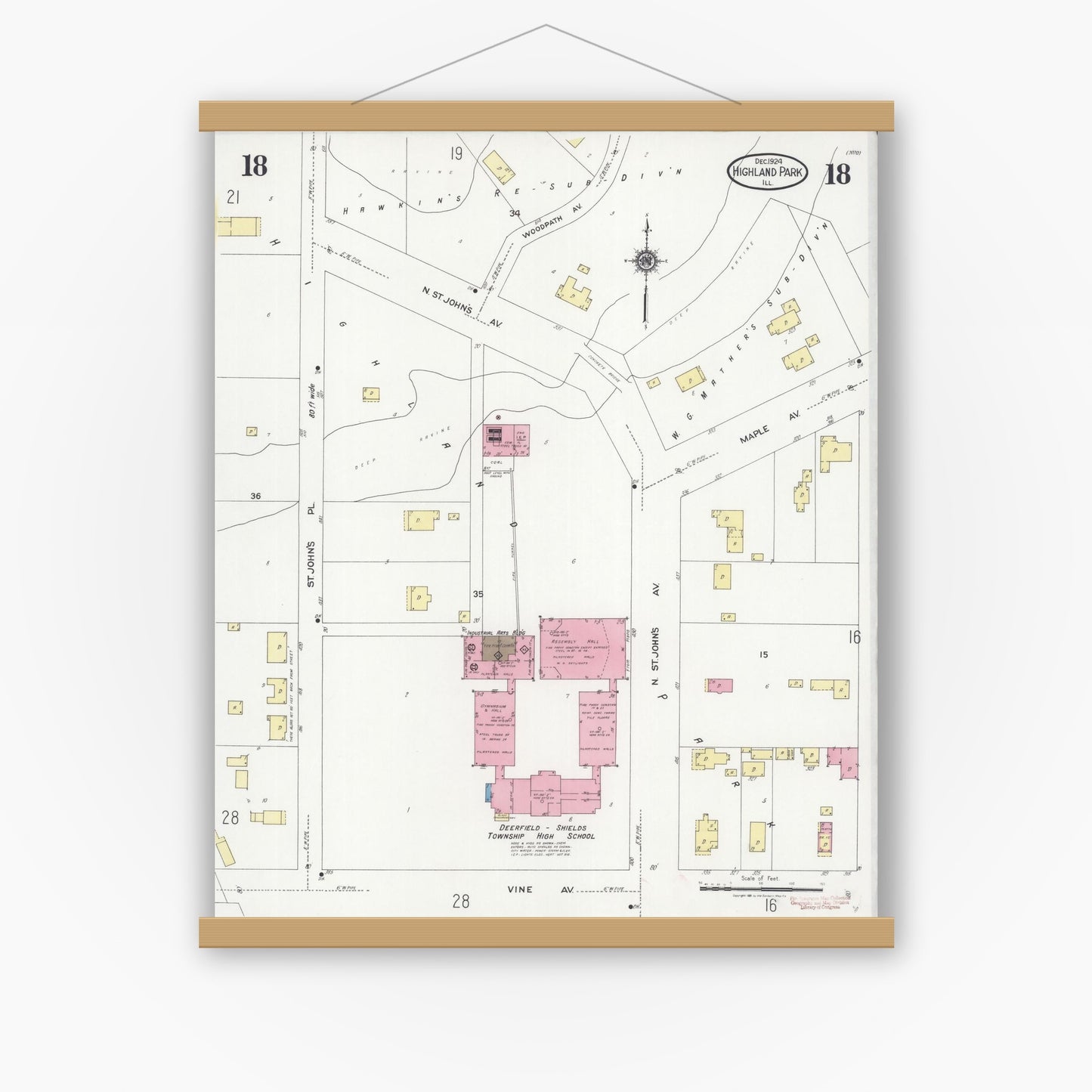 Old map wall art mockup — magnetic wood frame on white wall — Sanborn Fire Insurance Map from Highland Park, Lake County, Illinois (1924), Sheet #0018