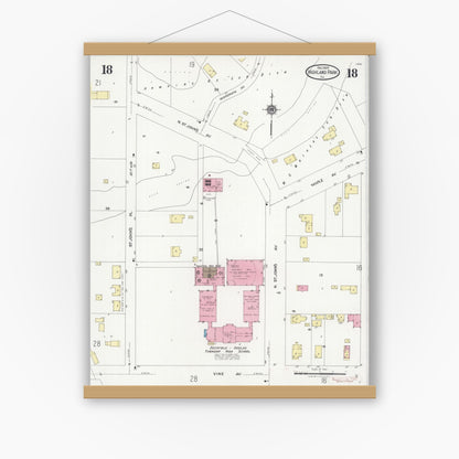 Old map wall art mockup — magnetic wood frame on white wall — Sanborn Fire Insurance Map from Highland Park, Lake County, Illinois (1924), Sheet #0018