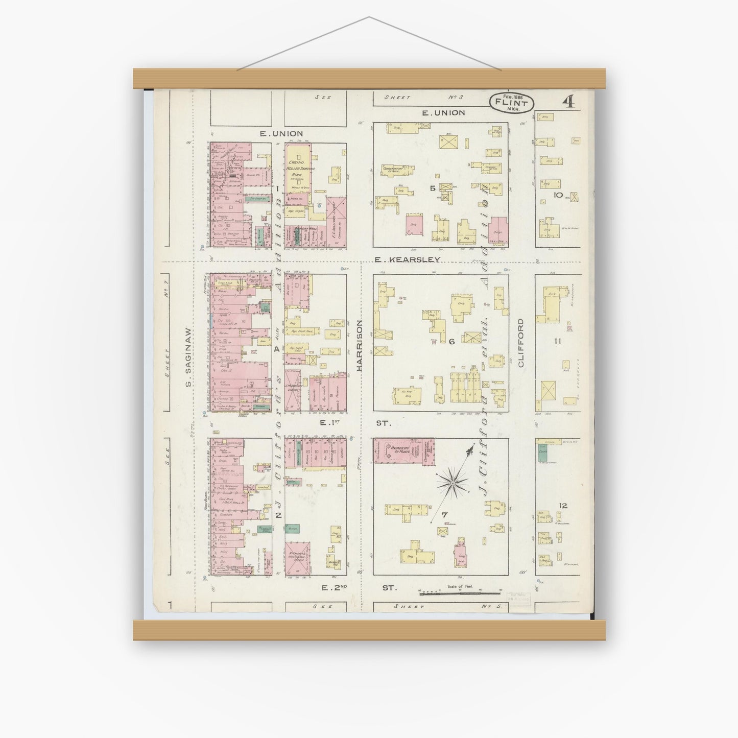 Old map wall art mockup — magnetic wood frame on white wall — Sanborn Fire Insurance Map from Flint, Genesee County, Michigan (1886), Sheet #0004