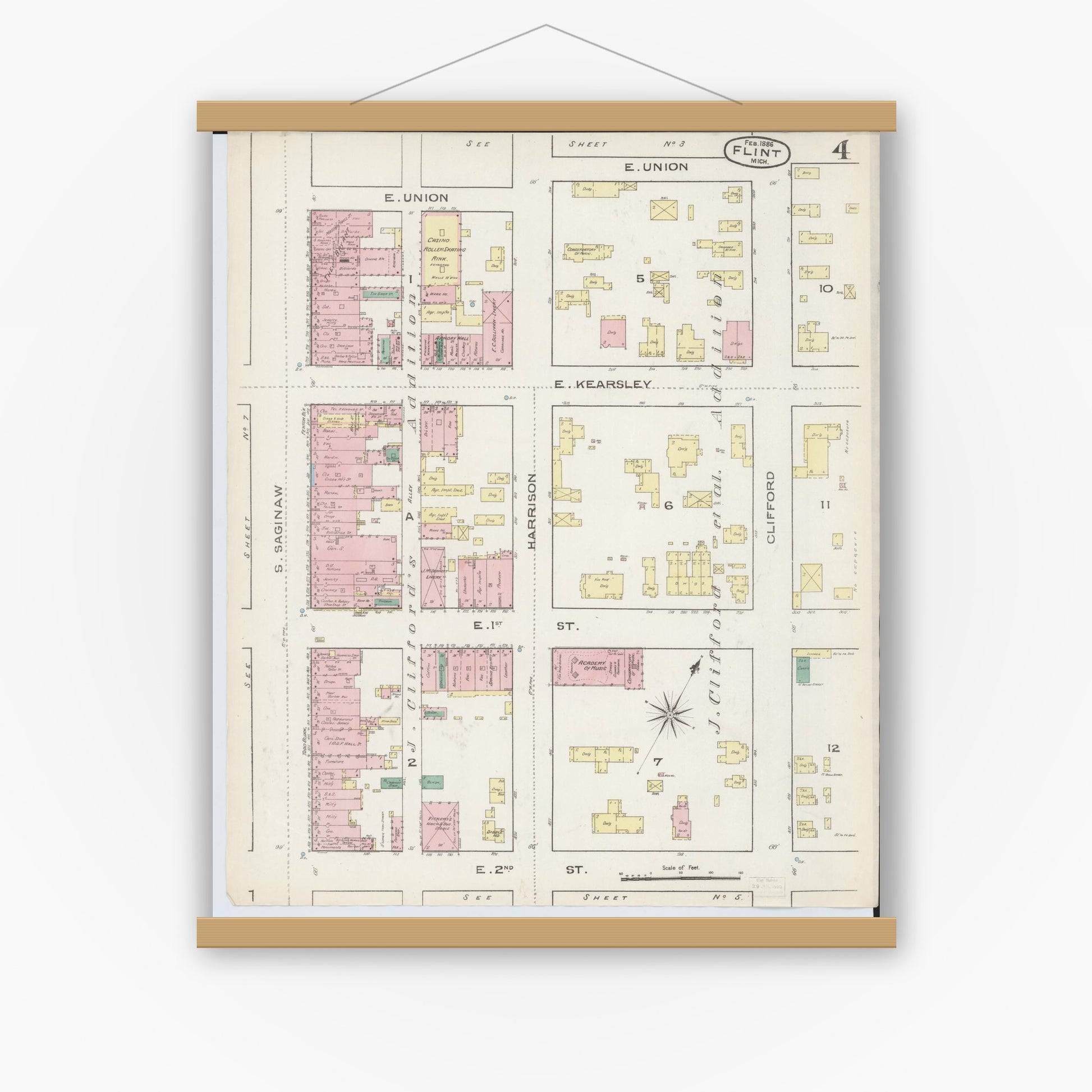 Old map wall art mockup — magnetic wood frame on white wall — Sanborn Fire Insurance Map from Flint, Genesee County, Michigan (1886), Sheet #0004