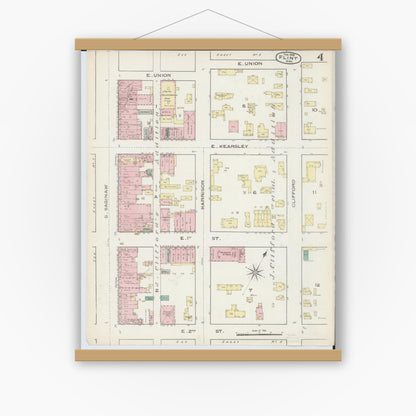 Old map wall art mockup — magnetic wood frame on white wall — Sanborn Fire Insurance Map from Flint, Genesee County, Michigan (1886), Sheet #0004
