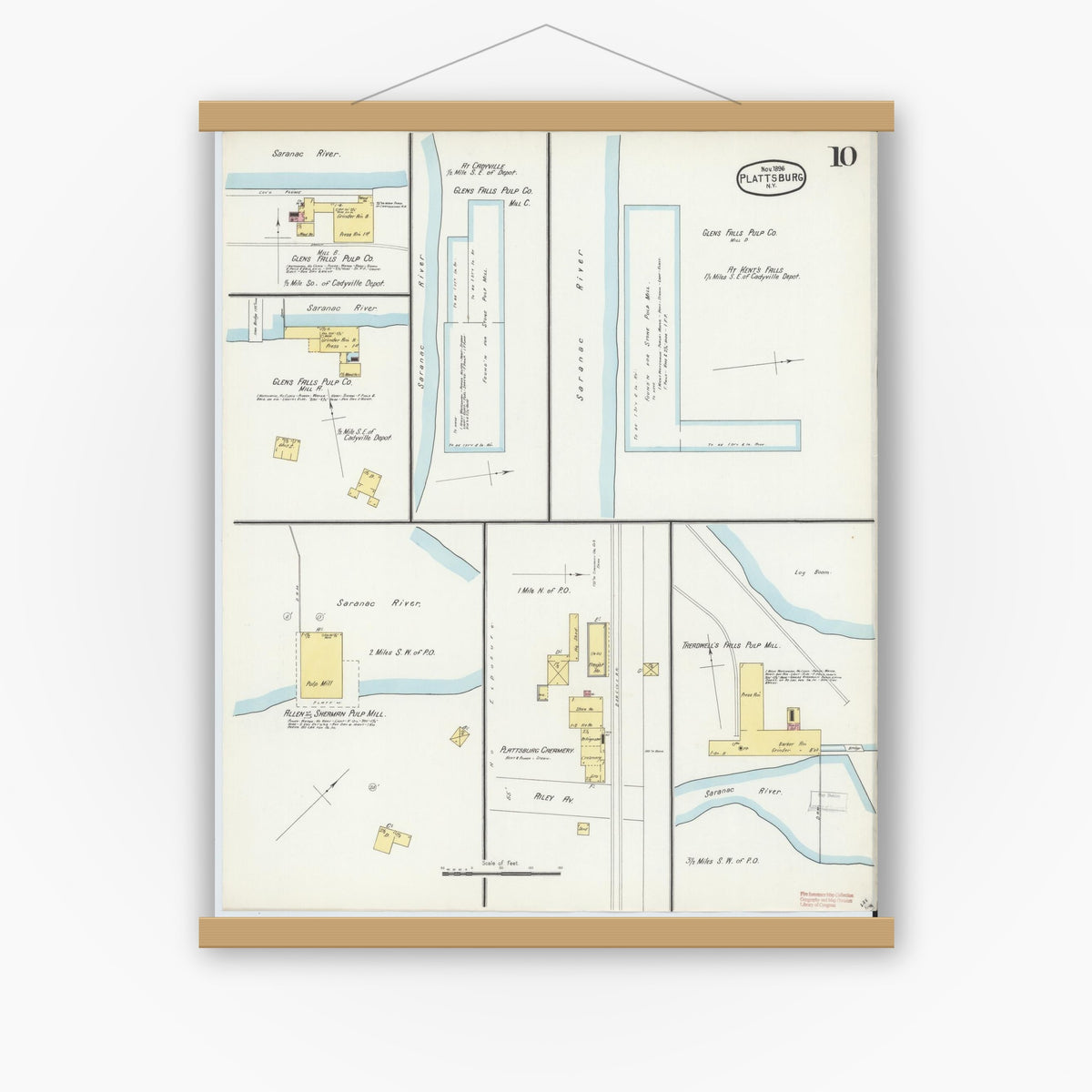 Old map wall art mockup — magnetic wood frame on white wall — Sanborn Fire Insurance Map from Plattsburg, Clinton County, New York (1896), Sheet #0010
