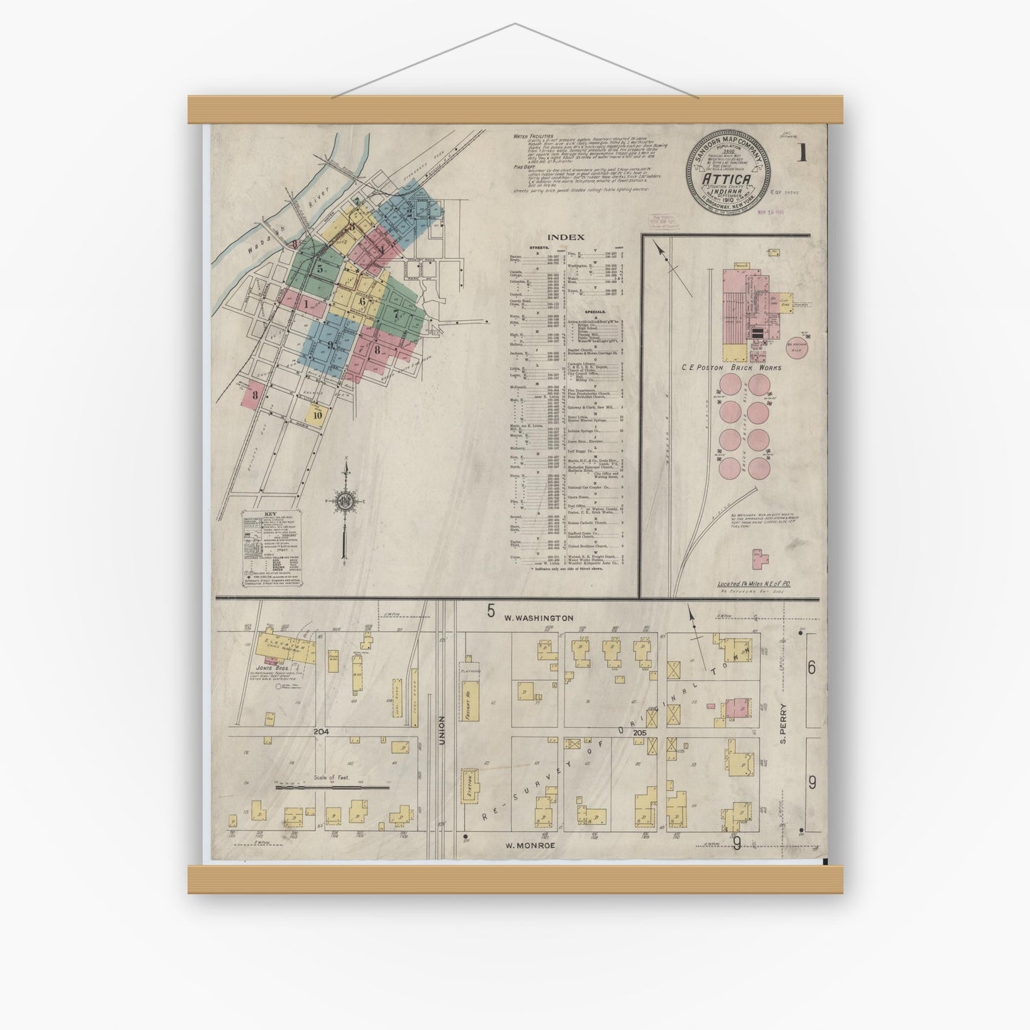 Old map wall art mockup — magnetic wood frame on white wall — Sanborn Fire Insurance Map from Attica, Fountain County, Indiana (1910), Sheet #0001