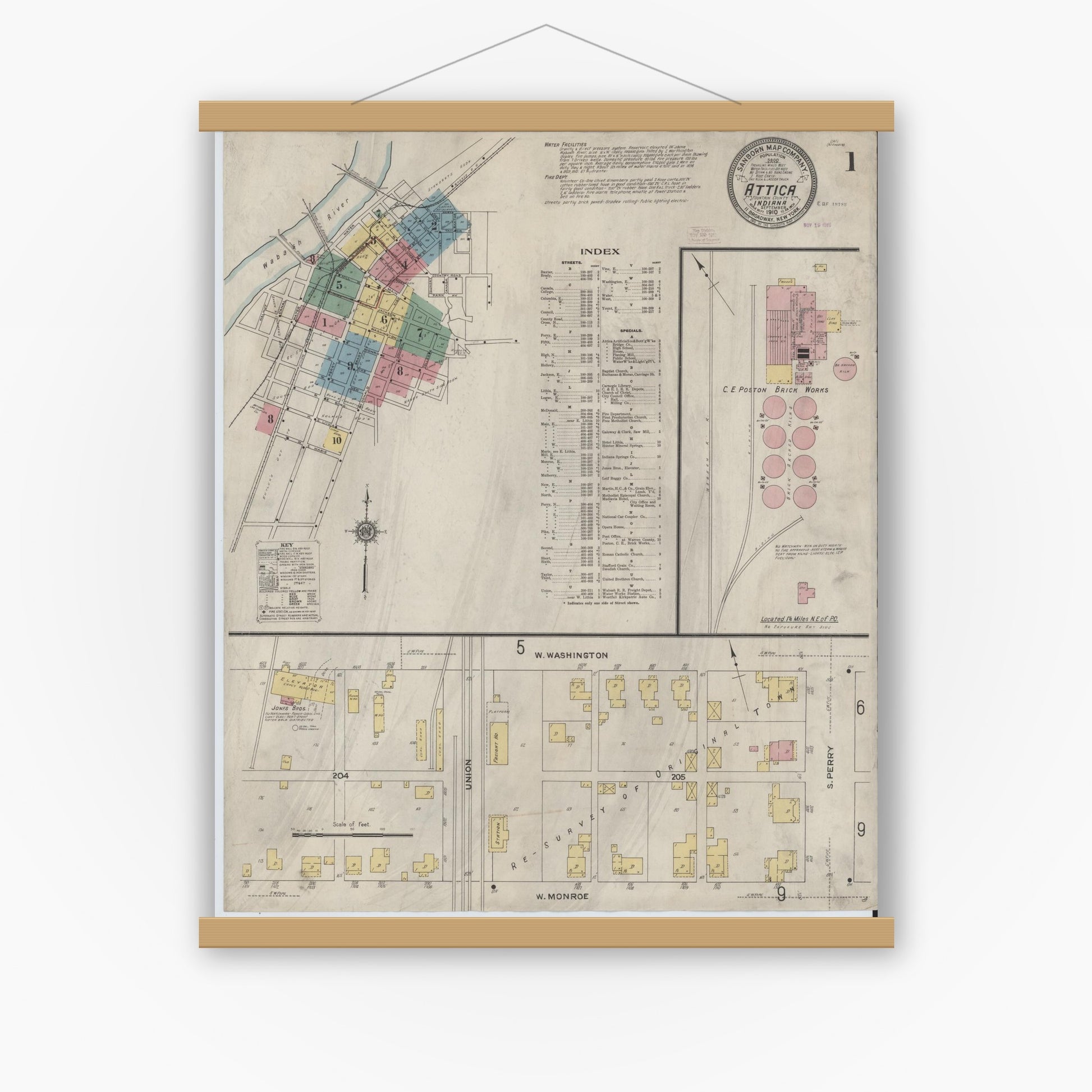 Old map wall art mockup — magnetic wood frame on white wall — Sanborn Fire Insurance Map from Attica, Fountain County, Indiana (1910), Sheet #0001