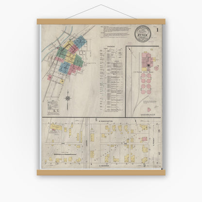 Old map wall art mockup — magnetic wood frame on white wall — Sanborn Fire Insurance Map from Attica, Fountain County, Indiana (1910), Sheet #0001