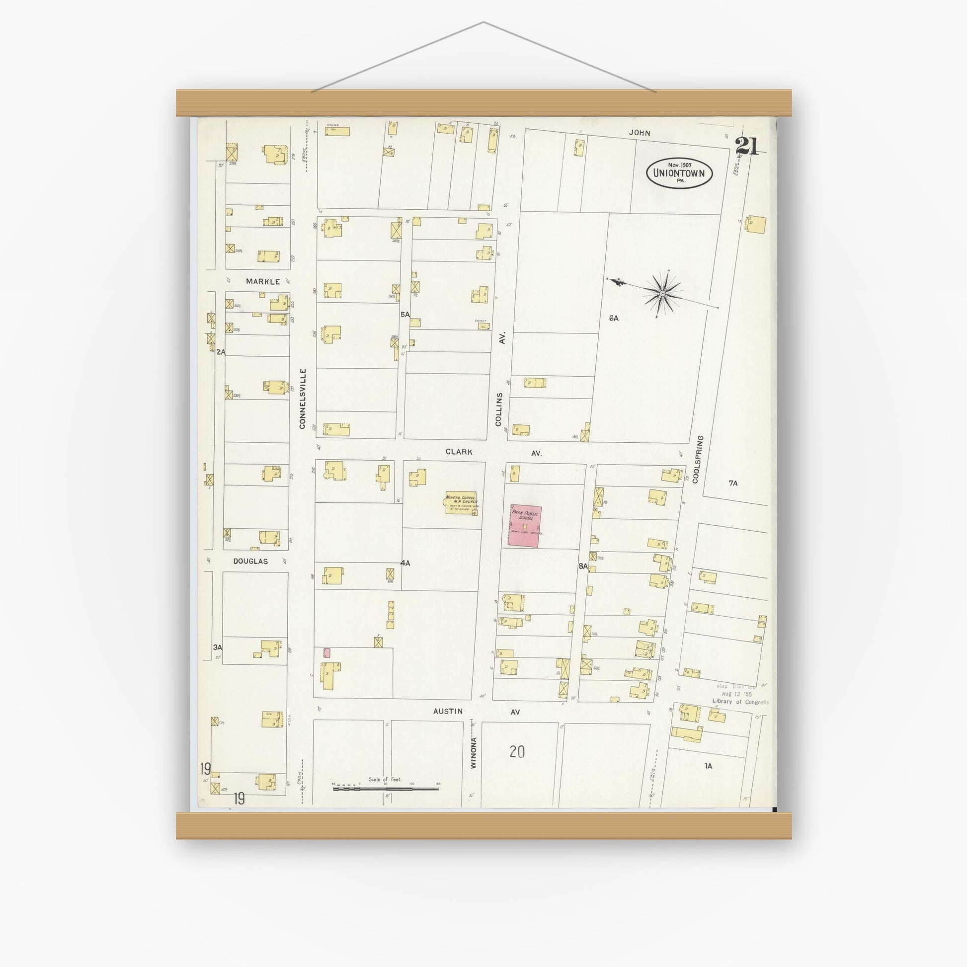 Old map wall art mockup — magnetic wood frame on white wall — Sanborn Fire Insurance Map from Uniontown, Fayette County, Pennsylvania (1907), Sheet #0021