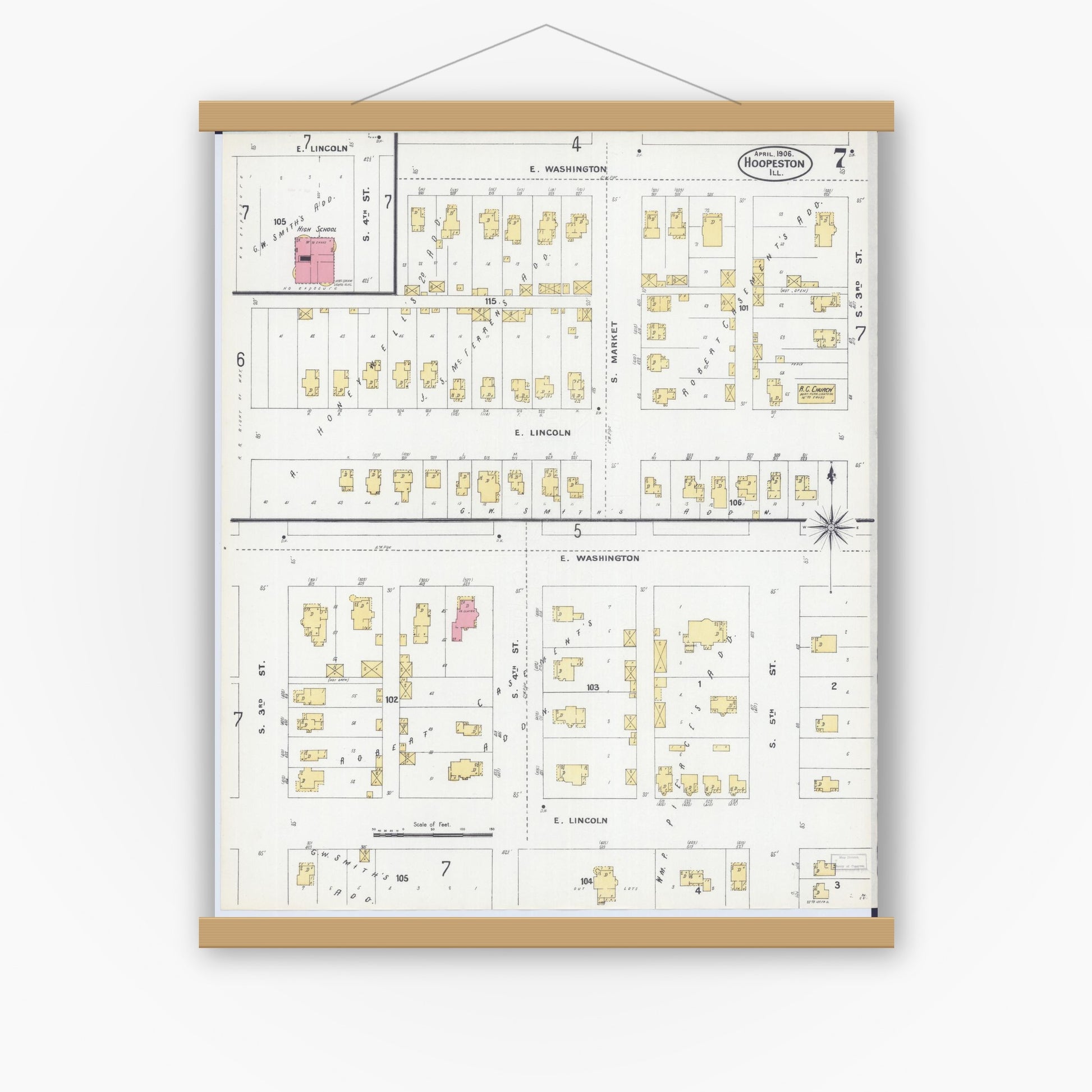 Old map wall art mockup — magnetic wood frame on white wall — Sanborn Fire Insurance Map from Hoopeston, Vermilion County, Illinois (1906), Sheet #0007