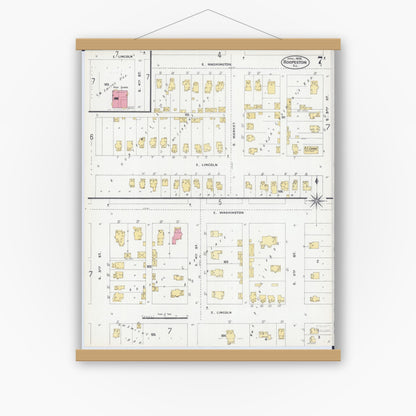 Old map wall art mockup — magnetic wood frame on white wall — Sanborn Fire Insurance Map from Hoopeston, Vermilion County, Illinois (1906), Sheet #0007