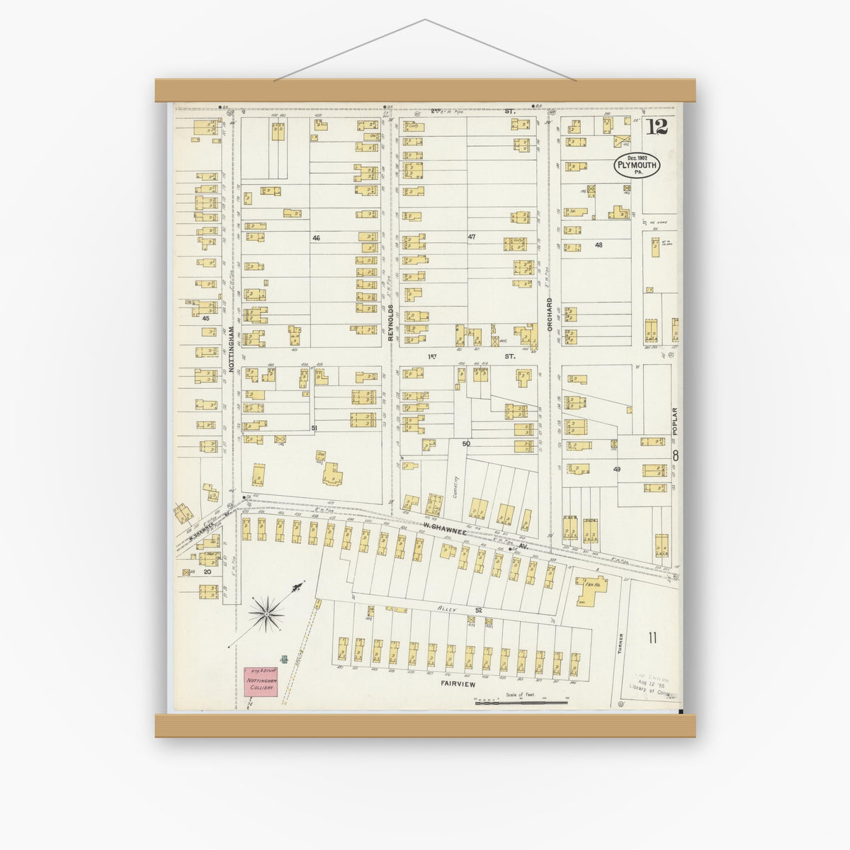 Old map wall art mockup — magnetic wood frame on white wall — Sanborn Fire Insurance Map from Plymouth, Luzerne County, Pennsylvania (1902), Sheet #0012