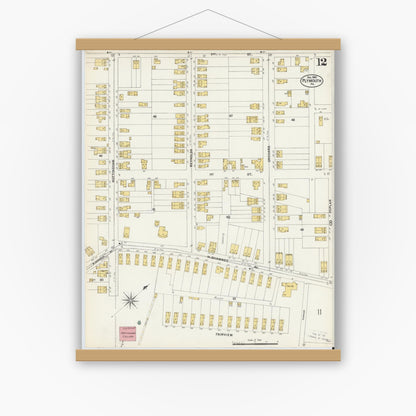 Old map wall art mockup — magnetic wood frame on white wall — Sanborn Fire Insurance Map from Plymouth, Luzerne County, Pennsylvania (1902), Sheet #0012