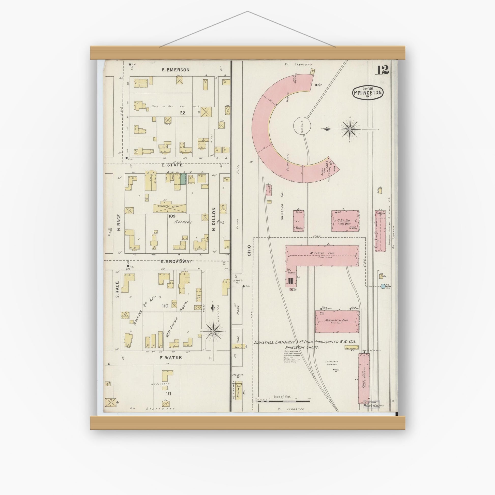 Old map wall art mockup — magnetic wood frame on white wall — Sanborn Fire Insurance Map from Princeton, Gibson County, Indiana (1895), Sheet #0012