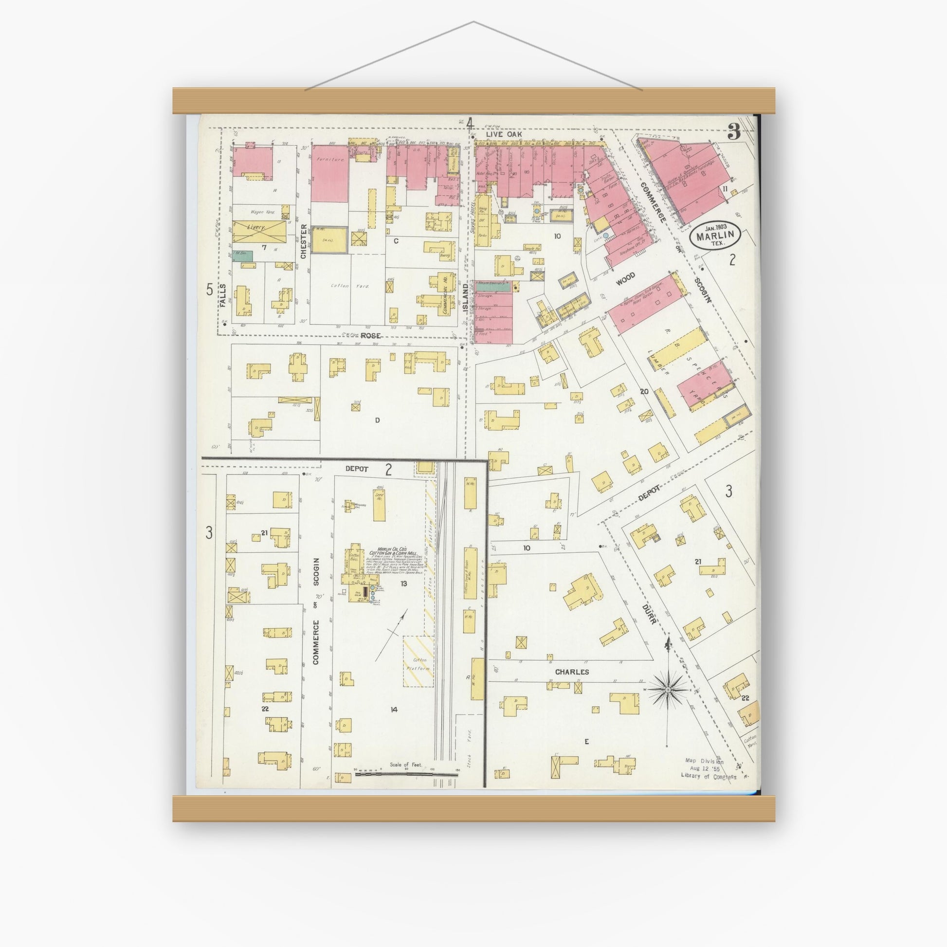 Old map wall art mockup — magnetic wood frame on white wall — Sanborn Fire Insurance Map from Marlin, Falls County, Texas (1903), Sheet #0003