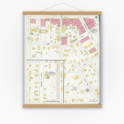 Old map wall art mockup — magnetic wood frame on white wall — Sanborn Fire Insurance Map from Marlin, Falls County, Texas (1903), Sheet #0003