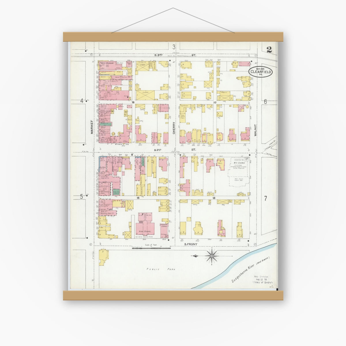 Old map wall art mockup — magnetic wood frame on white wall — Sanborn Fire Insurance Map from Clearfield, Clearfield County, Pennsylvania (1904), Sheet #0002
