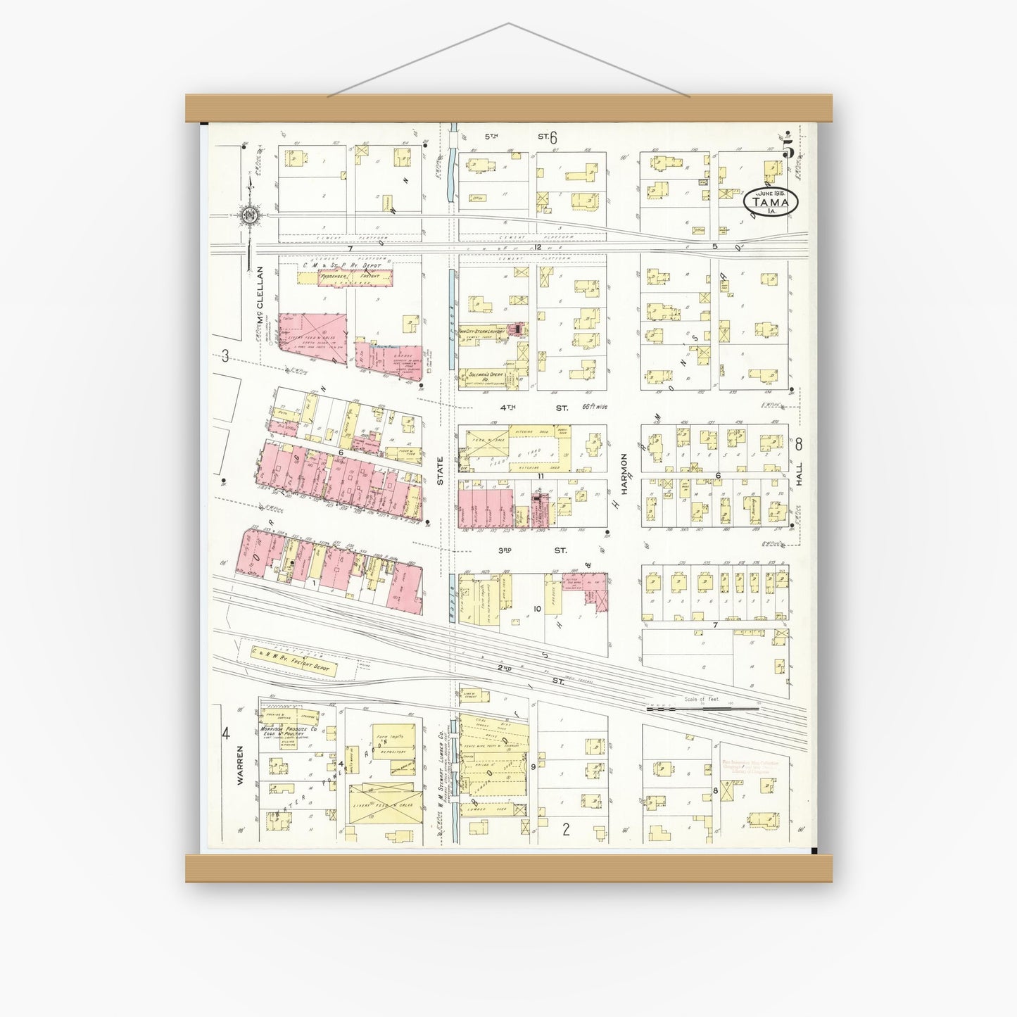 Old map wall art mockup — magnetic wood frame on white wall — Sanborn Fire Insurance Map from Tama, Tama County, Iowa (1915), Sheet #0005