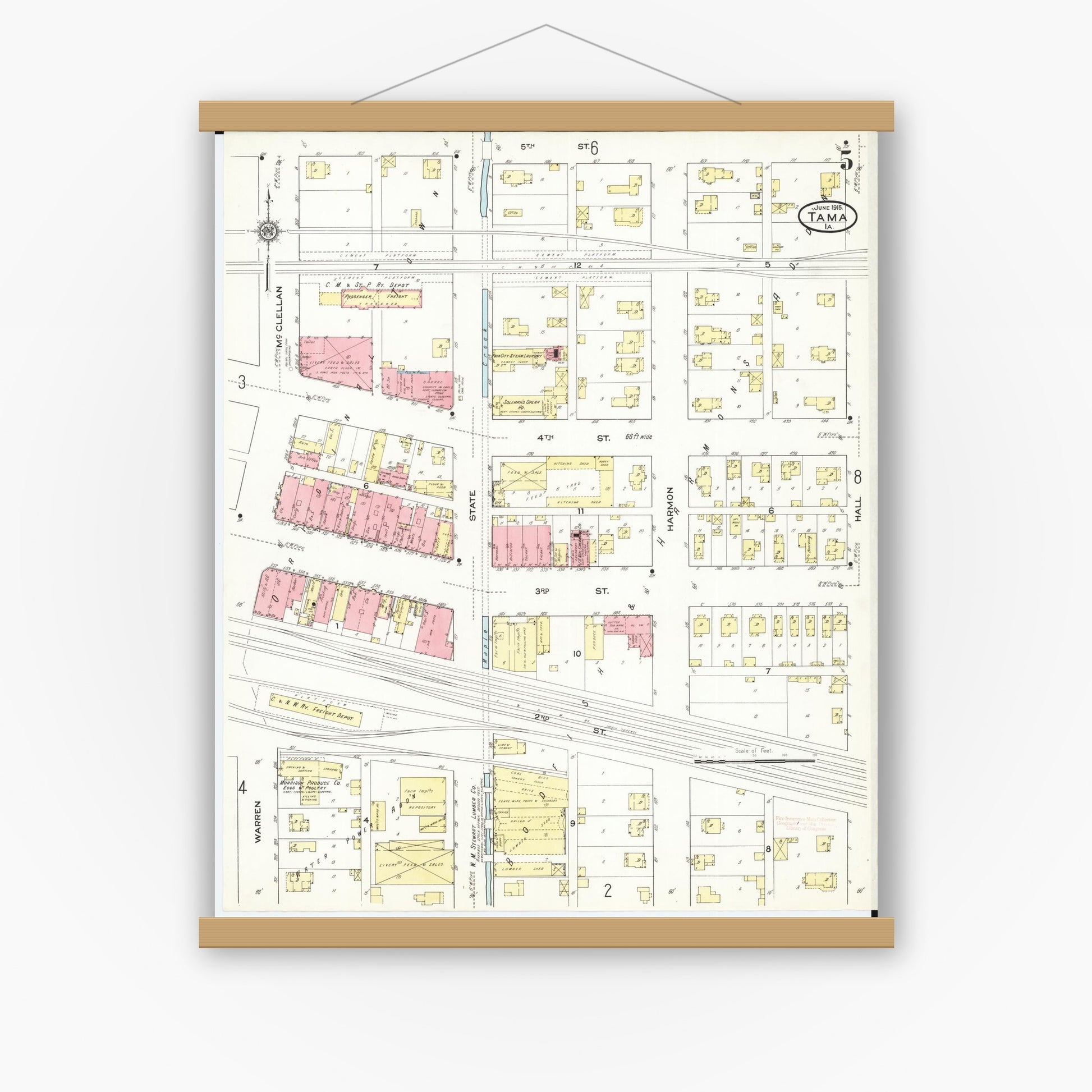 Old map wall art mockup — magnetic wood frame on white wall — Sanborn Fire Insurance Map from Tama, Tama County, Iowa (1915), Sheet #0005