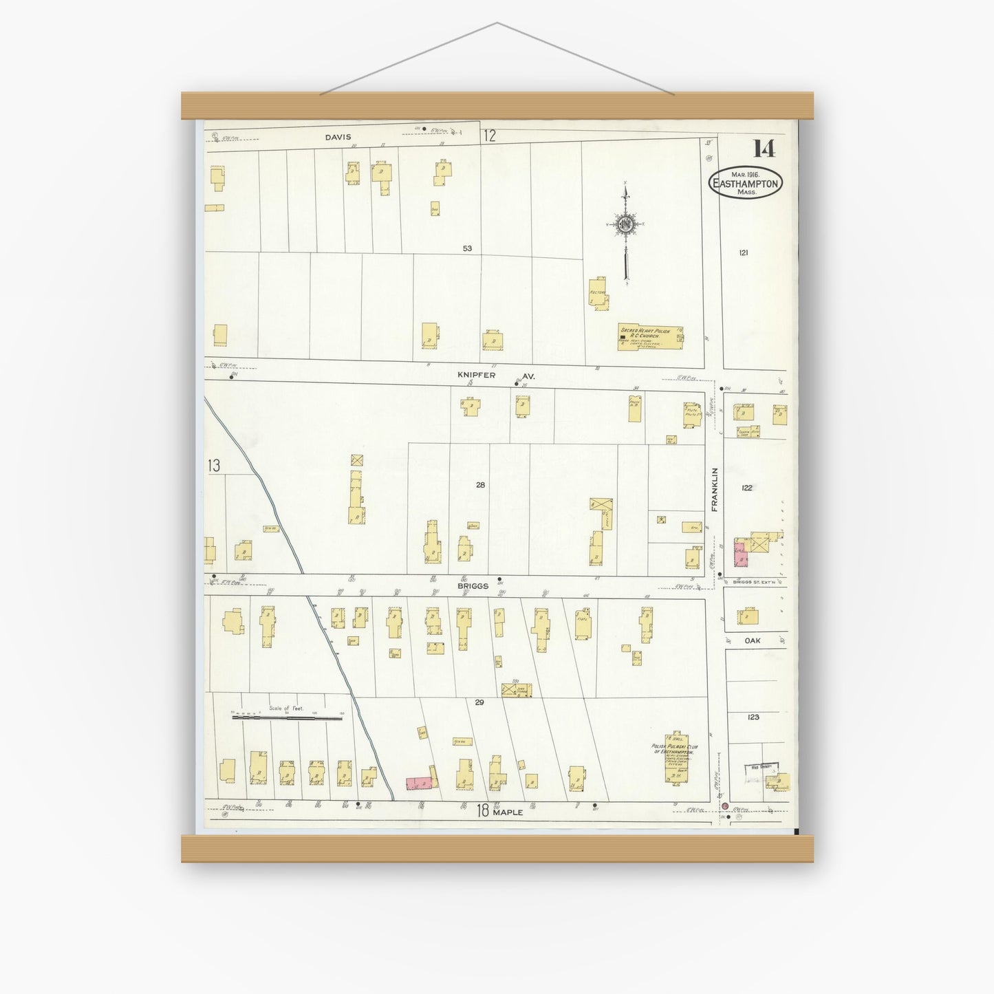 Old map wall art mockup — magnetic wood frame on white wall — Sanborn Fire Insurance Map from East Hampton, Hampshire County, Massachusetts (1916), Sheet #0014