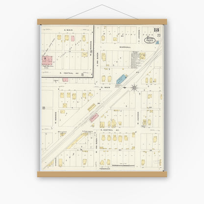 Old map wall art mockup — magnetic wood frame on white wall — Sanborn Fire Insurance Map from Paris, Edgar County, Illinois (1908), Sheet #0018