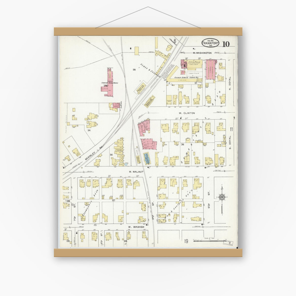 Old map wall art mockup — magnetic wood frame on white wall — Sanborn Fire Insurance Map from Frankfort, Clinton County, Indiana (1912), Sheet #0010