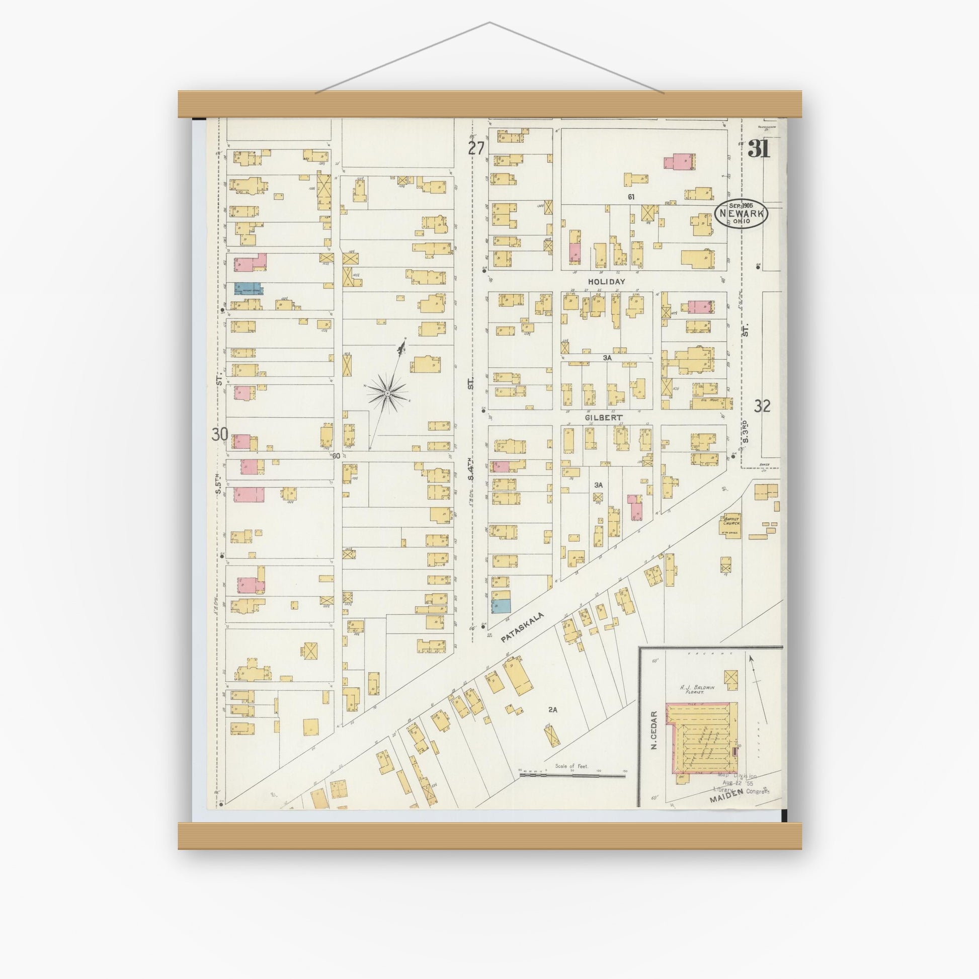 Old map wall art mockup — magnetic wood frame on white wall — Sanborn Fire Insurance Map from Newark, Licking County, Ohio (1905), Sheet #0031