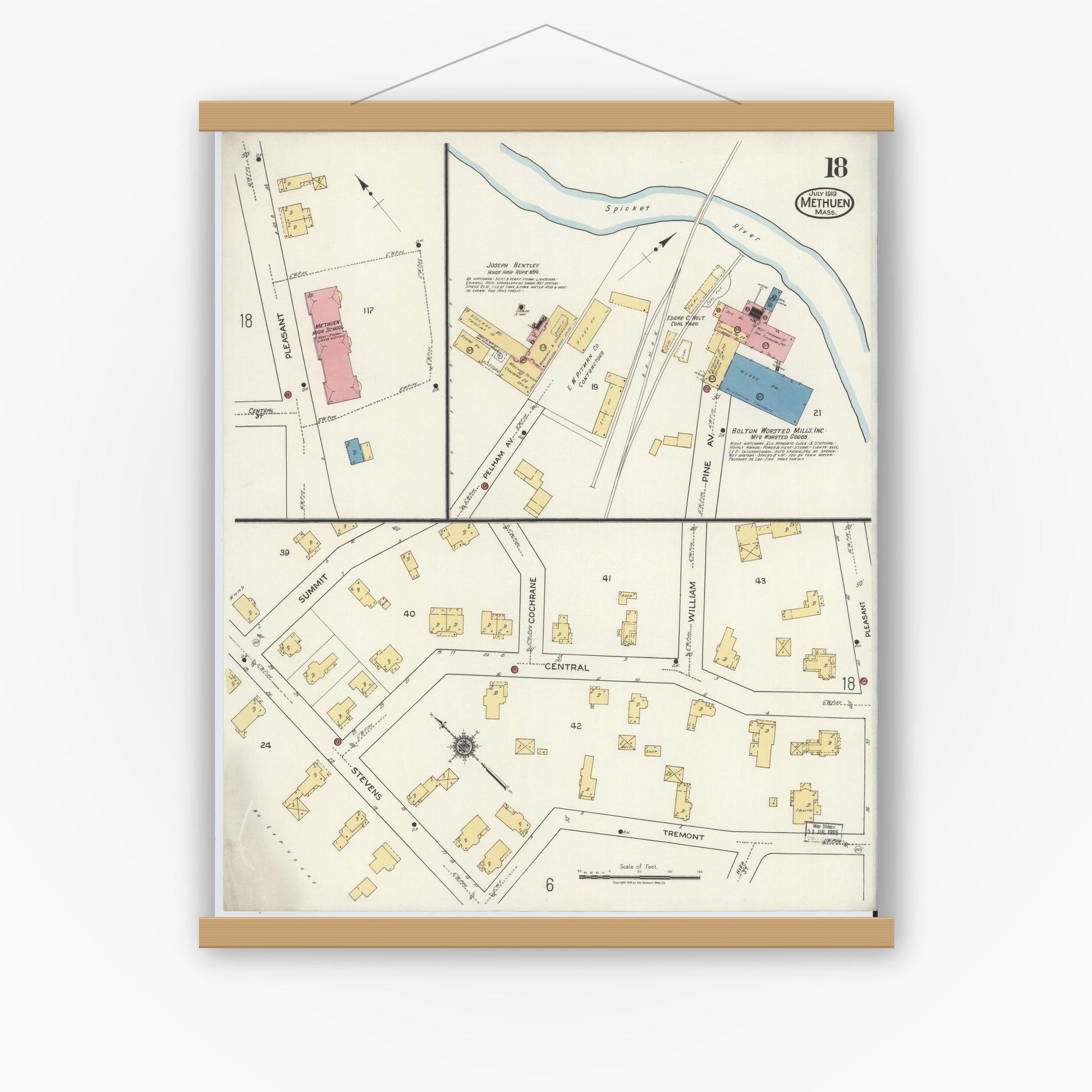 Old map wall art mockup — magnetic wood frame on white wall — Sanborn Fire Insurance Map from Methuen, Essex County, Massachusetts (1919), Sheet #0018