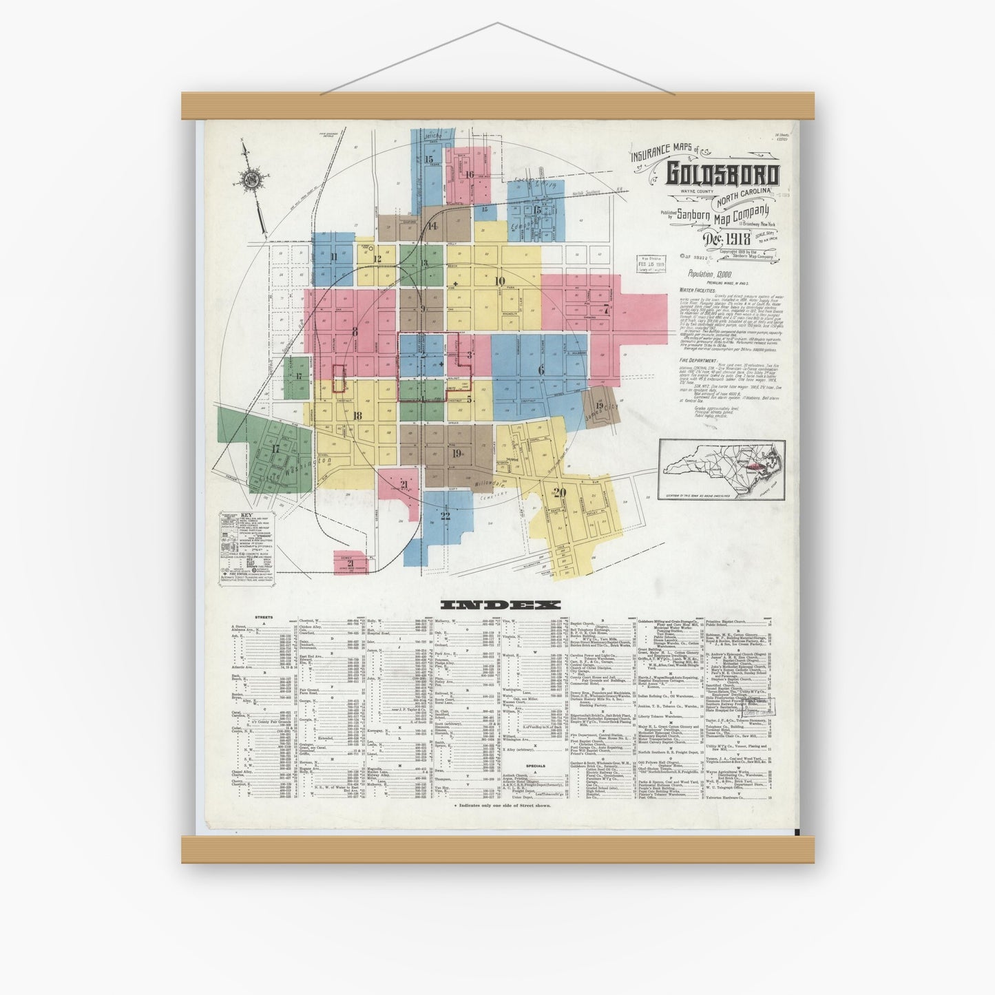 Old map wall art mockup — magnetic wood frame on white wall — Sanborn Fire Insurance Map from Goldsboro, Wayne County, North Carolina (1918) - Complete Map Set