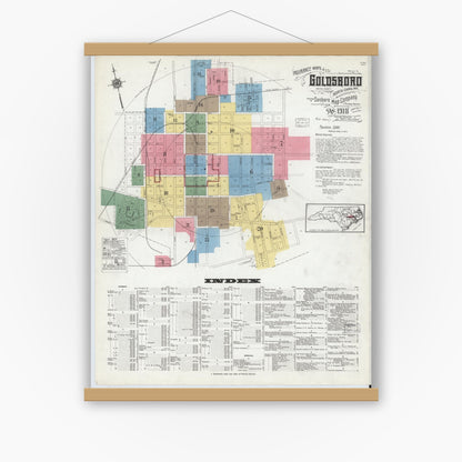 Old map wall art mockup — magnetic wood frame on white wall — Sanborn Fire Insurance Map from Goldsboro, Wayne County, North Carolina (1918) - Complete Map Set