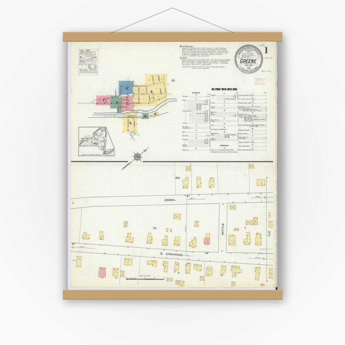 Old map wall art mockup — magnetic wood frame on white wall — Sanborn Fire Insurance Map from Greene, Chenango County, New York (1915) - Complete Map Set