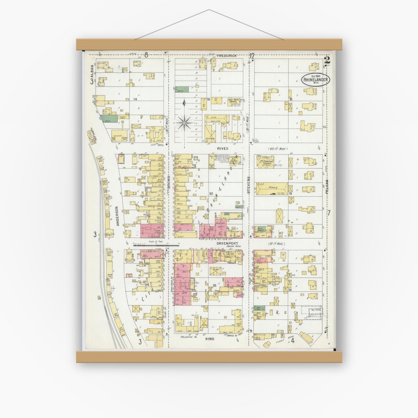 Old map wall art mockup — magnetic wood frame on white wall — Sanborn Fire Insurance Map from Rhinelander, Oneida County, Wisconsin (1900), Sheet #0002