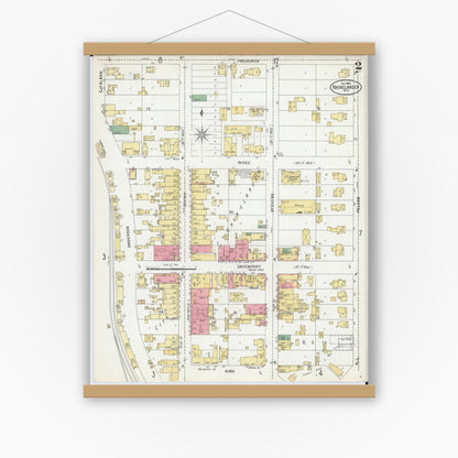 Old map wall art mockup — magnetic wood frame on white wall — Sanborn Fire Insurance Map from Rhinelander, Oneida County, Wisconsin (1900), Sheet #0002