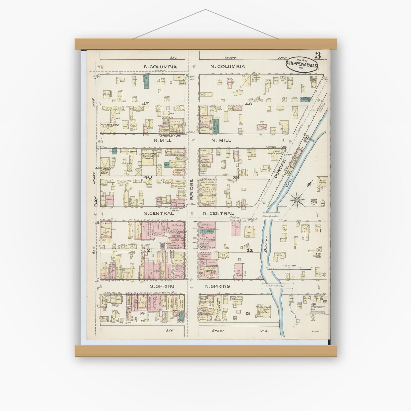 Old map wall art mockup — magnetic wood frame on white wall — Sanborn Fire Insurance Map from Chippewa Falls, Chippewa County, Wisconsin (1886), Sheet #0003