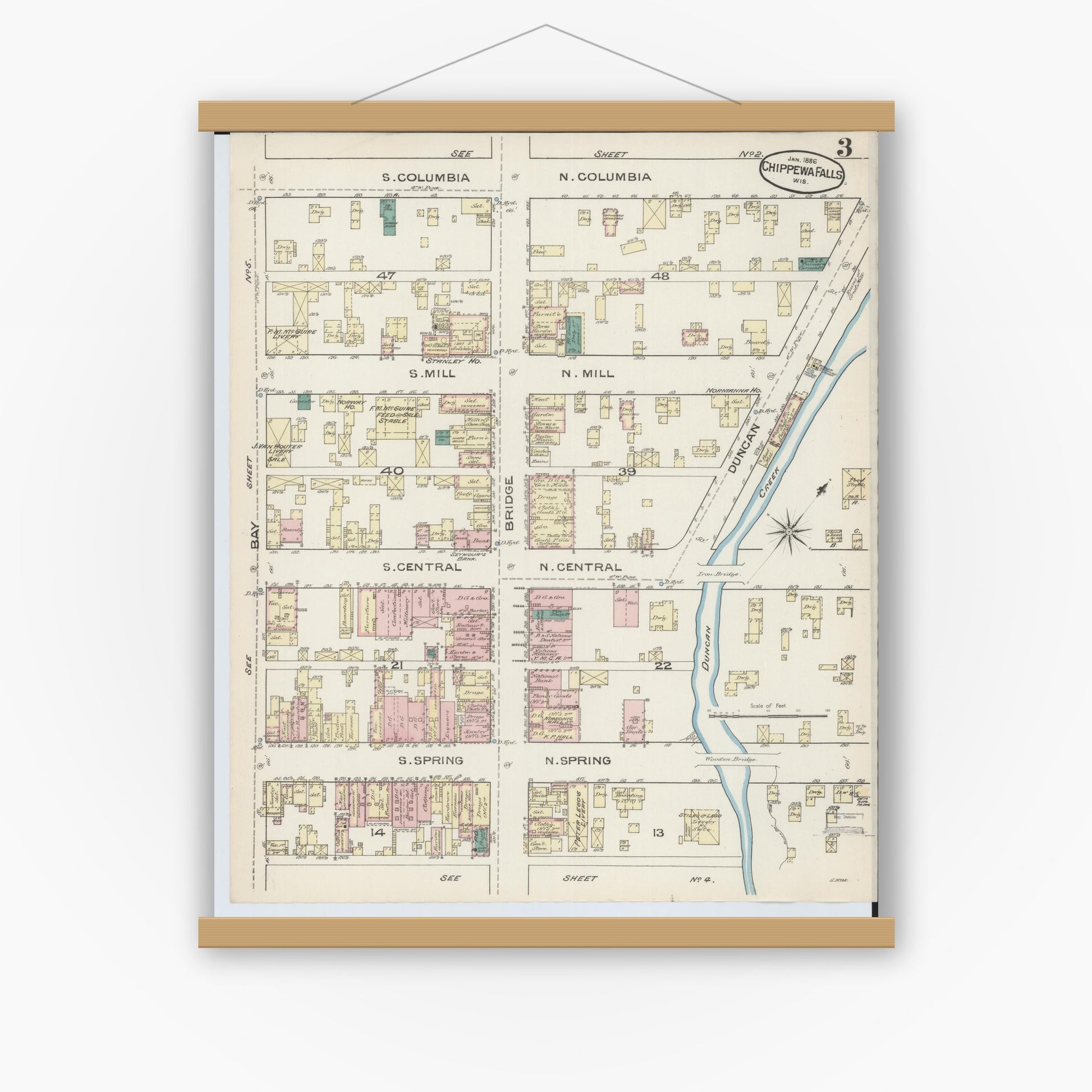 Old map wall art mockup — magnetic wood frame on white wall — Sanborn Fire Insurance Map from Chippewa Falls, Chippewa County, Wisconsin (1886), Sheet #0003