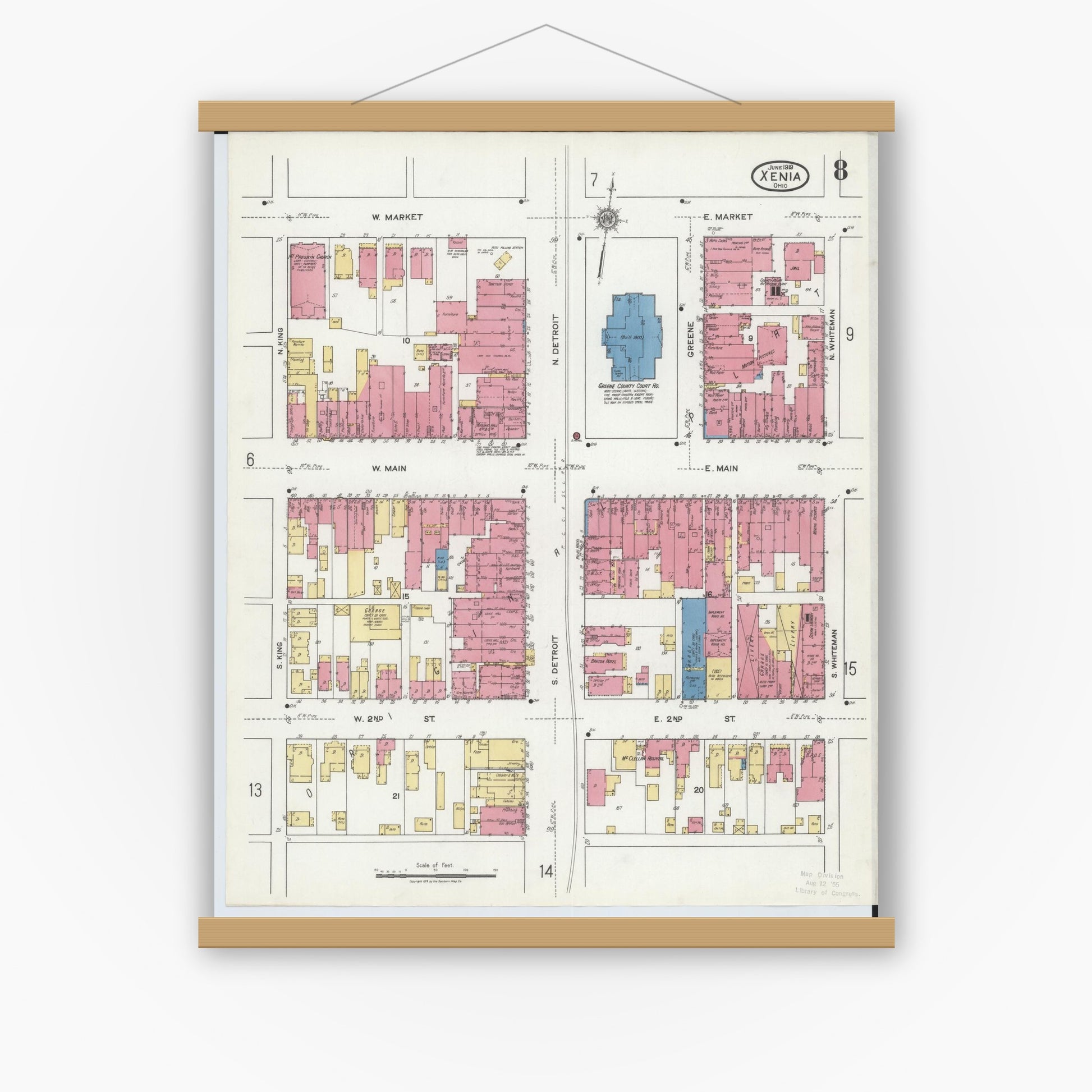 Old map wall art mockup — magnetic wood frame on white wall — Sanborn Fire Insurance Map from Xenia, Greene County, Ohio (1919), Sheet #0008