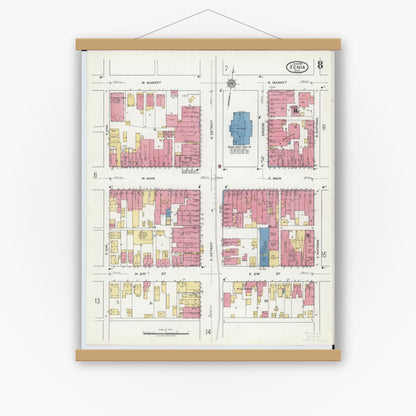 Old map wall art mockup — magnetic wood frame on white wall — Sanborn Fire Insurance Map from Xenia, Greene County, Ohio (1919), Sheet #0008
