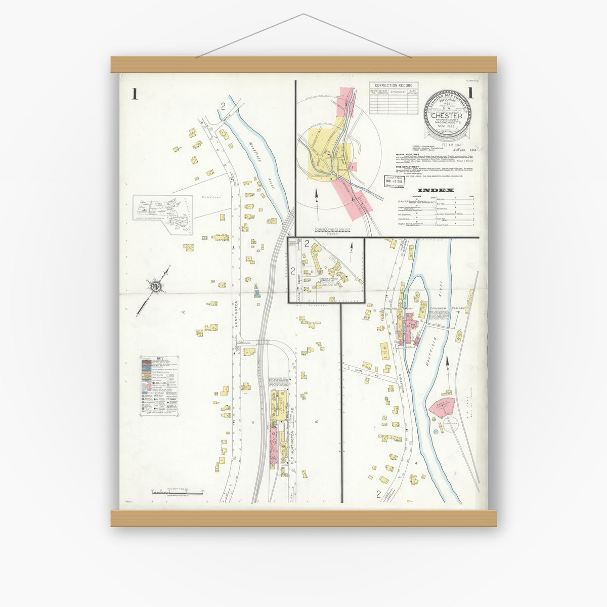 Old map wall art mockup — magnetic wood frame on white wall — Sanborn Fire Insurance Map from Chester, Hampden County, Massachusetts (1933) - Complete Map Set