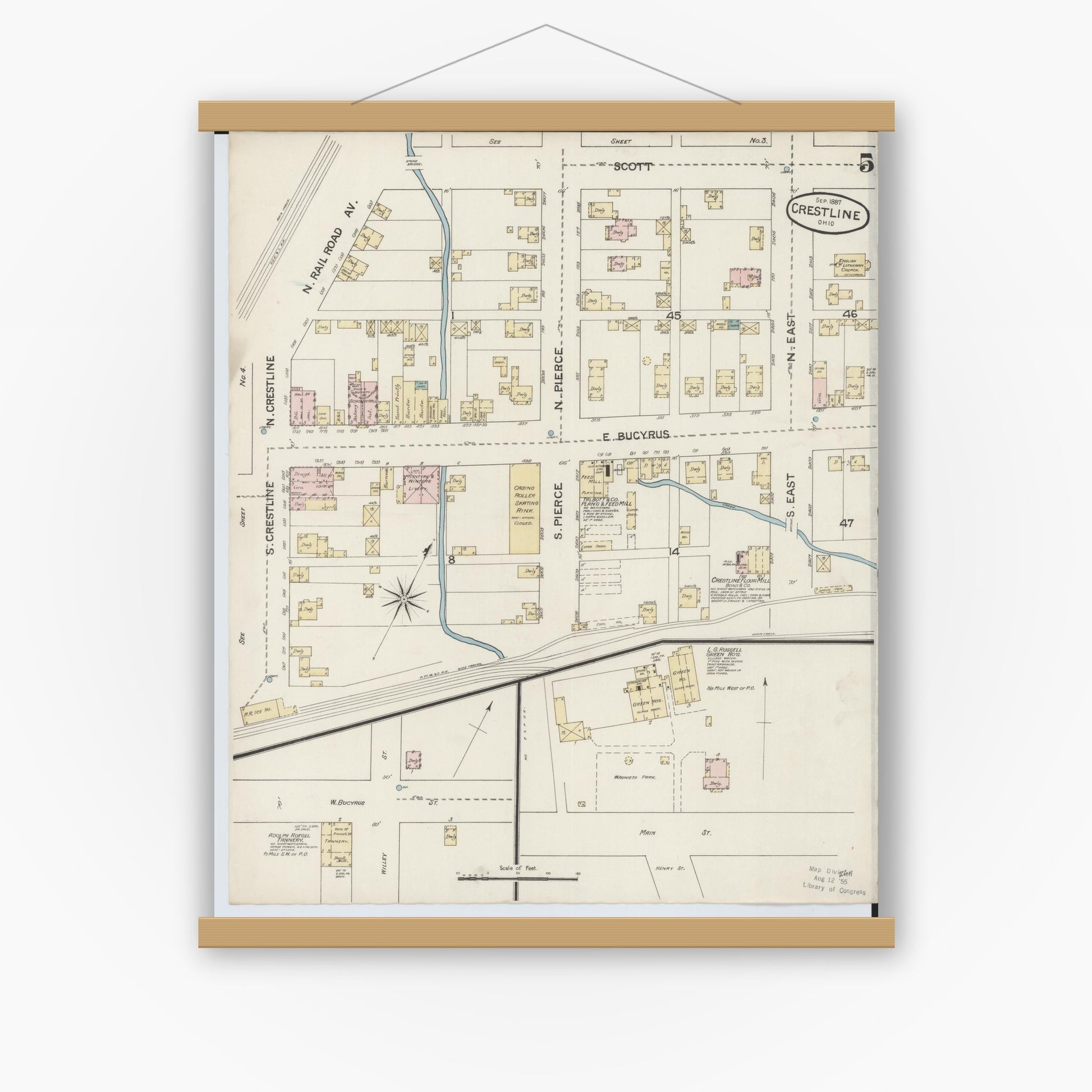 Old map wall art mockup — magnetic wood frame on white wall — Sanborn Fire Insurance Map from Crestline, Crawford County, Ohio (1887), Sheet #0005